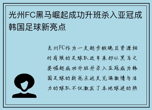 光州FC黑马崛起成功升班杀入亚冠成韩国足球新亮点